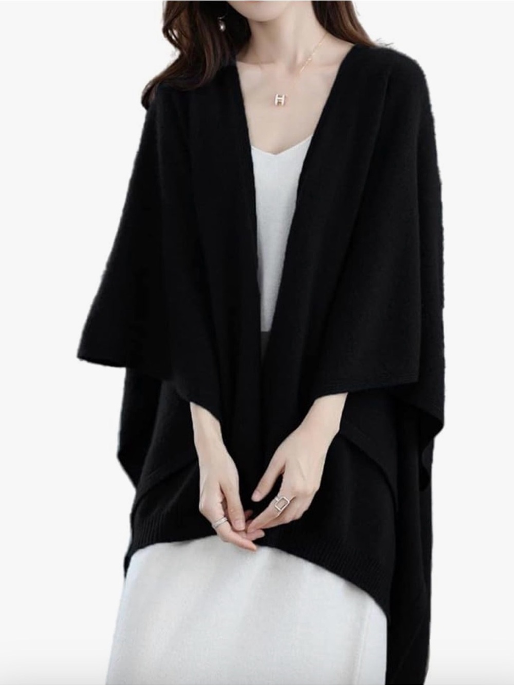 Ailaile- 100% Marino Wool- Black Open-Front Poncho - One Size- NWT🌼💜